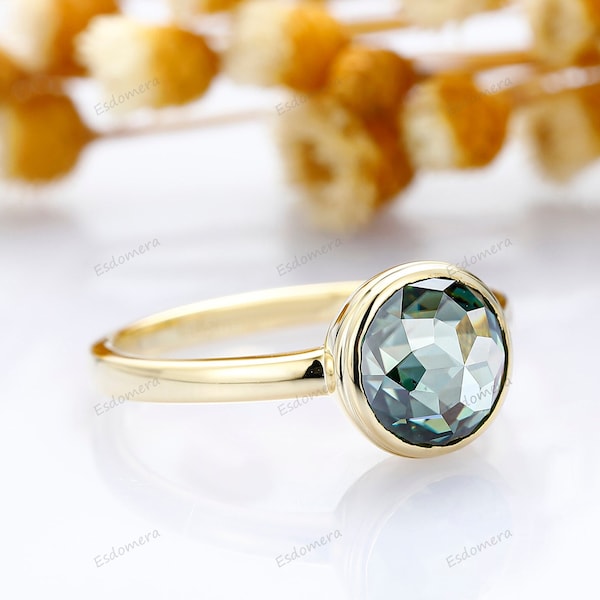 2CT Round Rose Cut Aqua Blue Moissanite Ring, Bezel Set Ring, Flat Engagement Ring, Comfortable Ring, Solid Yellow Gold Anniversary Ring