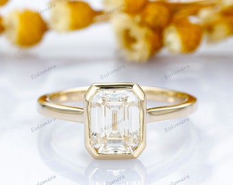 2.5ct Emerald Cut Moissanite Engagement Ring, Bezel Set Solid Gold Wedding Ring, Plain Gold Band Anniversary Ring, Solitaire Ring For Women