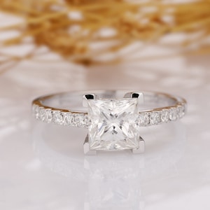Princess Cut 1.5CT Moissanite Engagement Ring, 14k White Gold Bridal Wedding Ring, Promise Ring Anniversary Gift For Her, Unique Ring