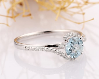 Round Cut 1CT Natural Aquamarine Engagement Ring, 14k Solid White Gold Blue Stone Wedding Ring, Anniversary Ring, Promise Ring For Her