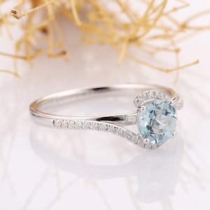 Runde geschnitten 1CT natürliche Aquamarin Verlobungsring, 14 k solide weiß Gold blau Stein Ehering, Jahrestag Ring, Versprechen Ring für Sie