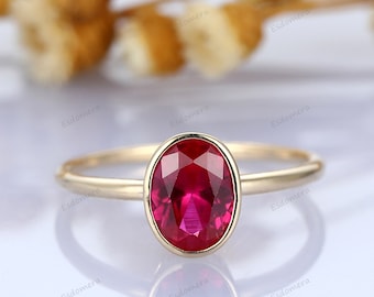 Gold Bezel Set Ruby Ring, Dainty Ruby Ring, 6x8mm Oval Cut Ruby Ring, Gold Ruby Ring, Solid Gold Ring, Gift for Her, Valentine's Day Gifts