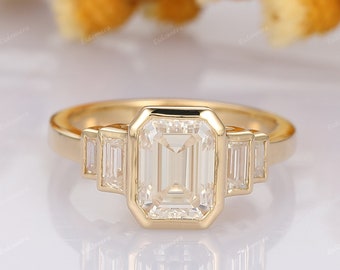 Bezel Set Ring, Emerald Cut Moissanite Engagement Ring, Statement Ring For Her, Baguette Moissanite Accent Ring, Solid Gold Wedding Ring