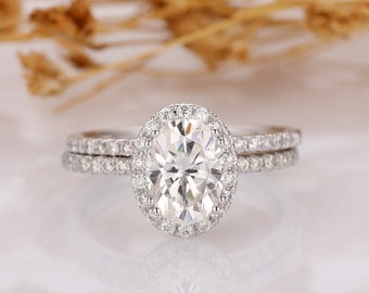 Moissanite Ring Set, Oval Cut 1.5ct Moissanite Engagement Ring, 14k White Gold Anniversary Ring, Bridal Wedding Ring Set, Half Eternity Band