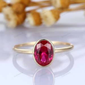 Gold Bezel Set Ruby Ring, Dainty Ruby Ring, 6x8mm Oval Cut Ruby Ring, Gold Ruby Ring, Solid Gold Ring, Gift for Her, Valentine's Day Gifts
