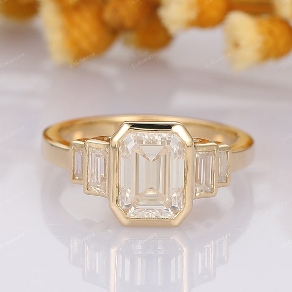 Bezel Set Ring, Emerald Cut Moissanite Engagement Ring, Statement Ring For Her, Baguette Moissanite Accent Ring, Solid Gold Wedding Ring