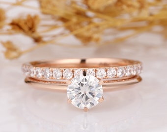 Round Cut 1CT Solitaire Engagement Ring, 14K Solid Rose Gold Bridal Ring Set, Full Eternity Wedding Band, Promise Anniversary Gift For Her