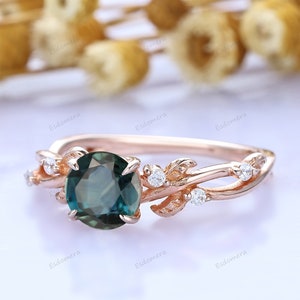 Leaf Sapphire Engagement Ring, Round Teal Sapphire Wedding Ring, Natural Inspired Blue Green Sapphire Ring, Solid Gold Bridal Ring for Her