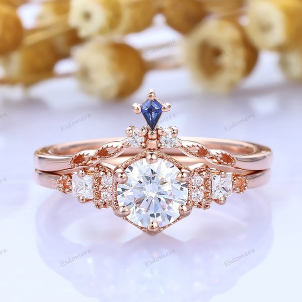 Milgrain Round Shaped Moissanite Engagement Ring Set, 2pcs Bridal Ring Set For Her, Brilliant Moissanite Ring, Bridal Promise Ring Set