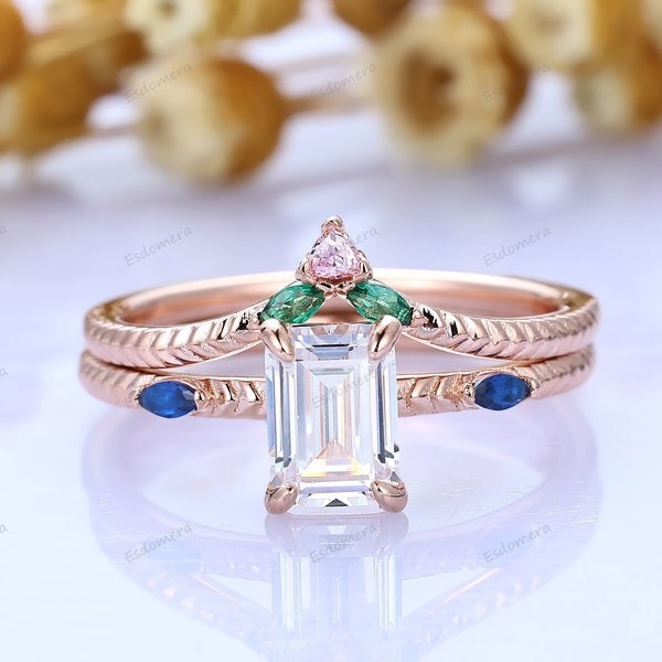 1 CT Emerald Cut Moissanite Wedding Ring Set, Gemstone Anniversary Ring Set, Emerald Cut Engagement Ring Set Anniversary Gift For Women