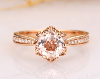 Floral Morganite Ring, Round 1CT Morganite Ring, Flower Accents Ring, 14k Rose Gold Engagement Wedding Ring, Stack Ring, Promise Ring
