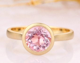 Solid 14k Yellow Gold Engagement Ring, Matte Wedding Ring, Bezel Round 1.5CT Morganite Solitaire Ring, Gift For Fiancée Anniversary