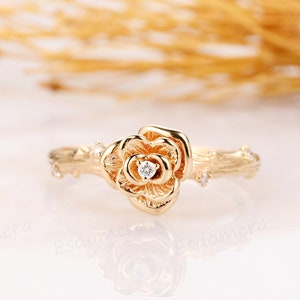 Diamond Rose Flower Ring, 14k Solid Gold Elegant Engagement Ring, Vintage Wedding Ring, Dainty Ring Promise Gift Anniversary Ring For Her