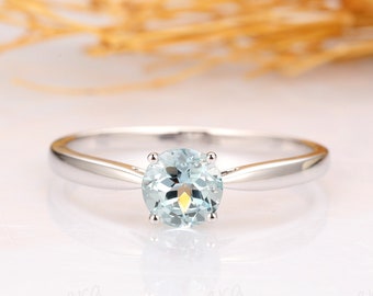 14k Solid White Gold 1CT Round Cut Natural Aquamarine Engagement Ring, Solitaire Ring, Plain Wedding Band, Promise Ring Anniversary Gift