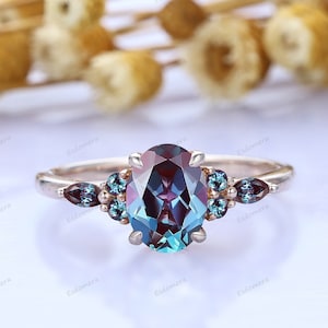 Oval Alexandrite Engagement Ring, Three Stone Design, June Birthstone Cluster Ring, Color Change Stone, Promise Ring Anniversary Ring