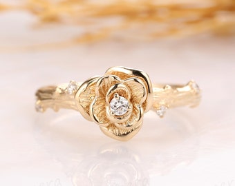 Floral Diamond Ring, Diamond Rose Flower Design Ring, 0.04ctw Diamonds Ring, Solitaire Accents 14k Solid Gold Wedding Engagement Ring