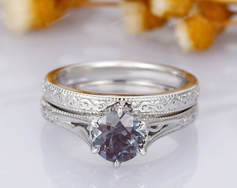 Filigree Design Alexandrite Engagement Ring Set, Promise Ring June Birthstone Gift For Her, Round Cut 1ct Alexandrite Ring Set, Birthstone