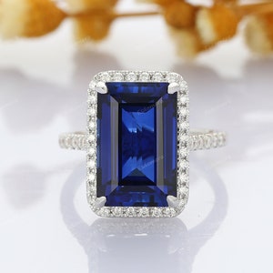 Rectangle Sapphire Ring, Emerald Cut 9x14mm Sapphire Engagement Ring, Half Eternity Halo Ring, September Birthstone Ring, Mom Sapphire Ring
