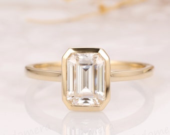 2CT Emerald Cut Moissanite Solitaire Ring, 14K Yellow Gold Engagement Ring, Bezel Setting, Statement Ring, Gift For Her, Anniversary Ring