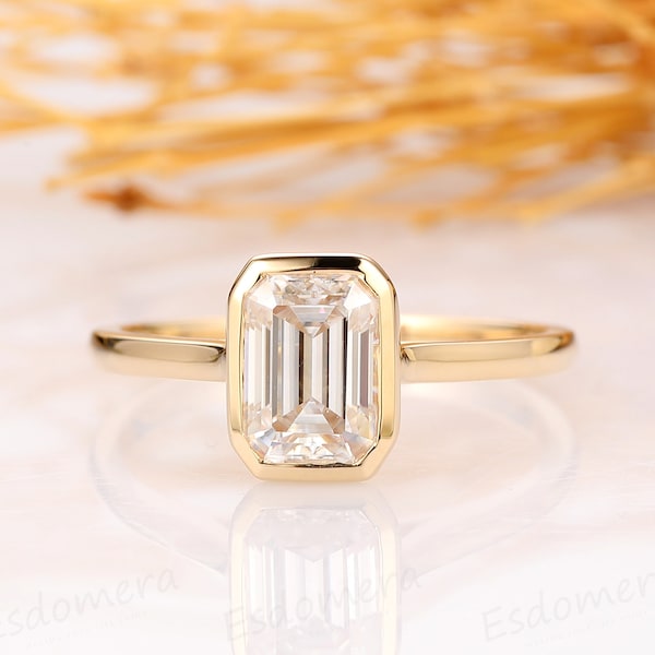 Bezel Setting Ring, 1CT Emerald Cut Moissanite Ring, 14K Yellow Gold Engagement Ring, Anniversary Ring, Bridal Promise Ring, Gift For Her