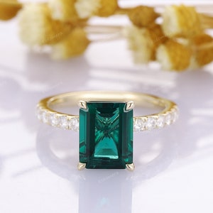 Emerald Bridal Ring, Vintage Emerald Verlovingsring, 14k Geel Gouden Ring Cadeau, Unieke Antieke Trouwbelofte Verjaardag Ring voor haar