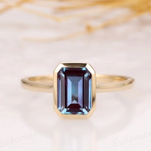 2ct Emerald Cut Color-Change Alexandrite Engagement Ring, Vintage Anniversary Ring, June Birthstone Gifts Women, Bezel Alexandrite Ring