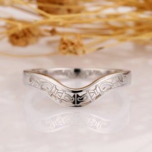 Aliança de casamento em ouro branco 14k sólido, anel combinando estilo vintage, anel empilhável Art Déco, anel de promessa de aniversário, joias finas feitas à mão
