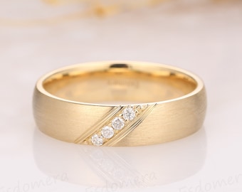 Ring For Husband, Simple Men's Band, Round Moissanite Ring, Pave Set Moissanite Band, Wide Men's Band 14k Yellow Gold Anniversary Gift