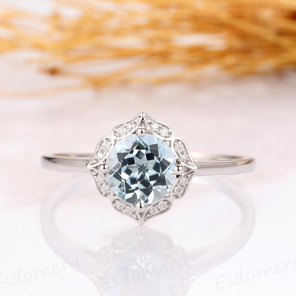 Floral Aquamarine Ring, Round Cut 7.5mm Natural Gemstone Ring, Vintage Aquamarine 14k White Gold Engagement Ring, Art Deco Blue Stone Ring