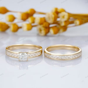 Moissanite Engagement Ring Set, 0.5CT Princess Cut Moissanite Ring, Unique Yellow Gold Moissanite Stacking Band, Promise Anniversary Ring