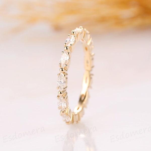 Matchande ring i marquiseslipad moissanit, alliansring, fin vigselring, 14 karat gult guld för brudpar, jubileumspresent