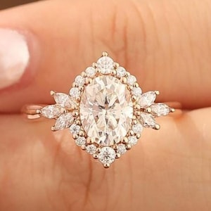 Vintage Unique Cluster Rose Gold Ring, 1.5CT Oval Cut Moissanite Engagement Ring, Art Deco Anniversary Gift For Women, Bridal Wedding Ring