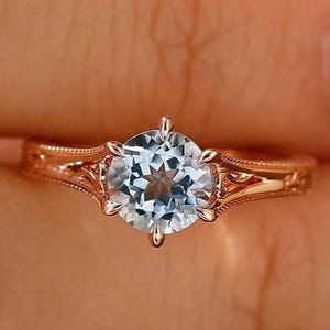 Antique Filigree Aquamarine Ring, Solitaire 6 Prong 1CT Round Cut Aquamarine Wedding Ring 14k Yellow Gold, Art Deco Vintage Engagement Ring