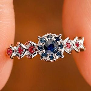 Natural Blue Sapphire Ring, Halo Gemstone Women&#39;s Ring, Solid 14K Gold Women&#39;s Ring, Unique Art Deco Ring For Her, Promise Anniversary Gift