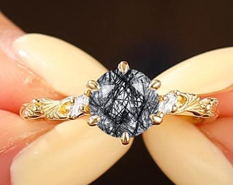 Handcrafted Rutilated Quartz Ring, Vintage Scroll Filigree Accent Stone Bridal Statement Ring