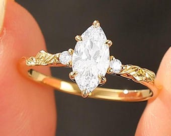 Delicate Marquise Moissanite Yellow Gold Twisted Branch Ring, Dainty Engraved Engagement Ring