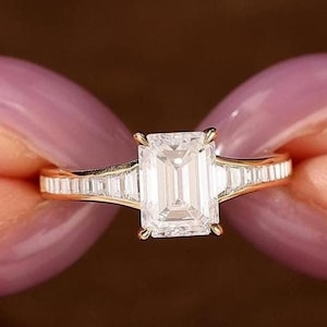 Emerald Cut Moissanite Engagement Ring, 2CT Moissanite Anniversary Ring, Half Eternity Moissanite Ring, White Gold Bridal Wedding Ring