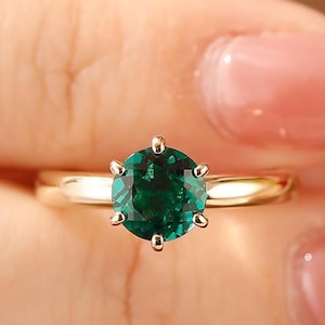 Round Solid Gold Emerald Ring, Emerald Birthstone Ring, May Birthstone, Women Emerald Engagement Ring, Mom Gift Ring, Anniversary Ring