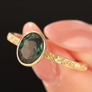 Bezel Oval Teal Sapphire Engagement Ring, Blue Green Sapphire Engraved Band Ring, Promise Solitaire Ring, Solid Gold Gemstone Bridal Ring