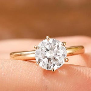 Vintage Solitaire Moissanite Ring, Round Cut 2CT Moissanite Engagement Ring, 14K Yellow Gold 6 Prong Anniversary Ring, Art Deco Bridal Ring