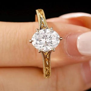 14K Gold Oval 2ct Moissanite Engagement Ring, Art Deco Filigree Promise Ring