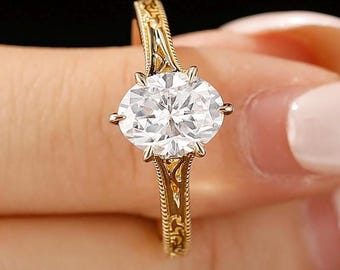 Vintage Oval Cut Moissanite Engagement Ring, Filigree Promise Anniversary Ring, Oval 2ct Moissanite Solitaire Ring, Art Deco Bridal Ring