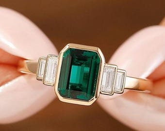 Emerald Engagement Ring, Vintage Baguette Moissanite Ring, Bezel Set May Birthstone Ring, Bridal Promise Anniversary Ring, 2CT Emerald Ring