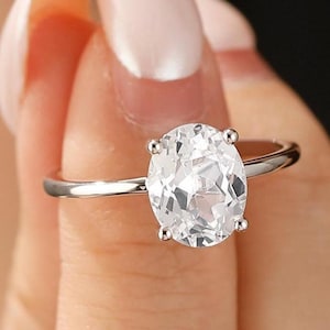Solitaire Sapphire Engagement Ring For Women, Oval Cut 3ct White Sapphire Dainty Promise Ring For Her,  Unique September Birthstone Gift