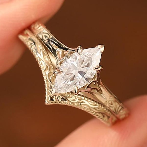 Unique Flat Wings Marquise Cut Moissanite Engagement Ring Set, Antique Band Bridal Set