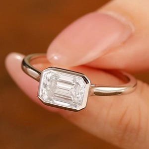 East West Engagement Ring, 2CT Emerald Cut Moissanite Bezel Setting Ring, Solid Gold Bridal Solitaire Ring, Emerald Anniversary Ring Women
