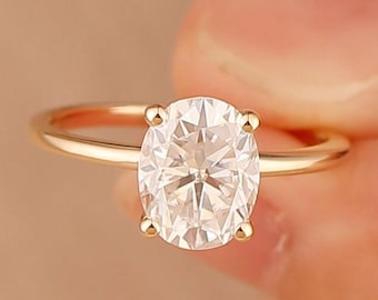 14k Yellow Gold 2CT Oval Cut Moissanite Engagement Ring, Low Profile, Solitaire Ring, Plain Band, Anniversary Ring, Promise Bridal Ring