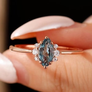 Natural London Blue Topaz Engagement Ring, Promise Anniversary Ring, Birthday Gift For Wife, Tapered Band Wedding Ring, Marquise Cut Ring