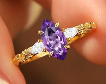 14K Solid Gold Amethyst Ring, Marquise Purple Gemstone Ring, Dainty Three Stone Leaf Engraved Ring, February Birthstone Jewelry
