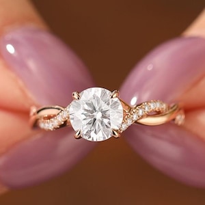 Round Cut 1CT Moissanite Engagement Ring, Half Twist Wedding Band, 14K Solid White Gold Delicate Promise Ring, Anniversary Gift For Wife